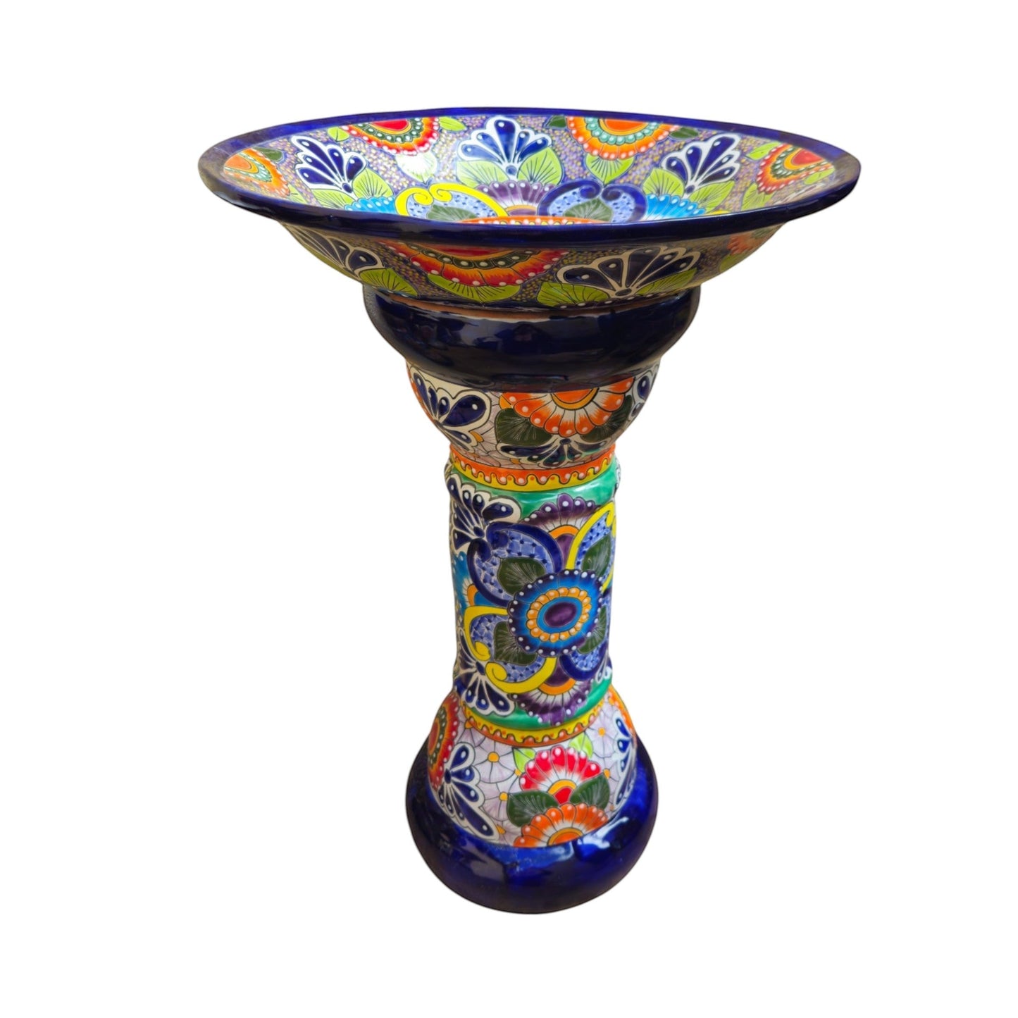 Talavera Bird Bath | Blue Rim Mexican Garden Decor
