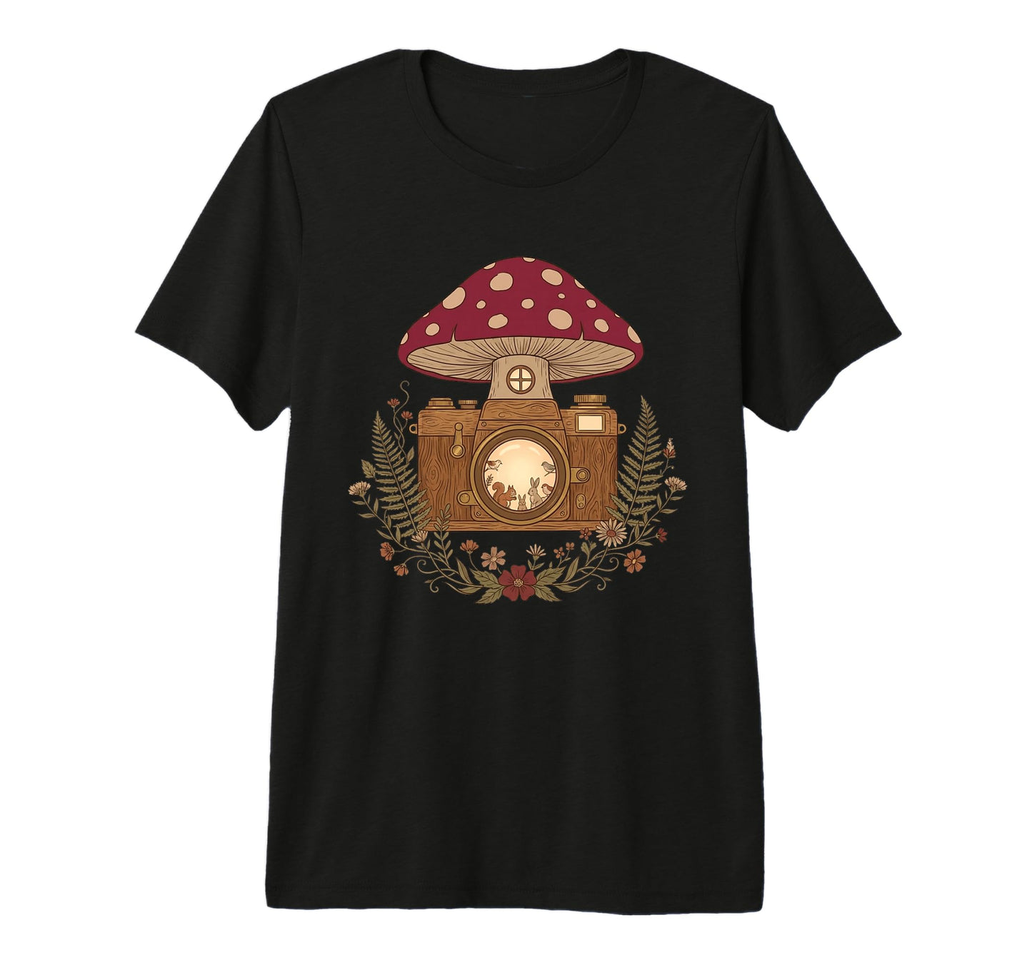 Mushroom Camera Forest Friends Art T-Shirt - Novelty Apparel Unisex
