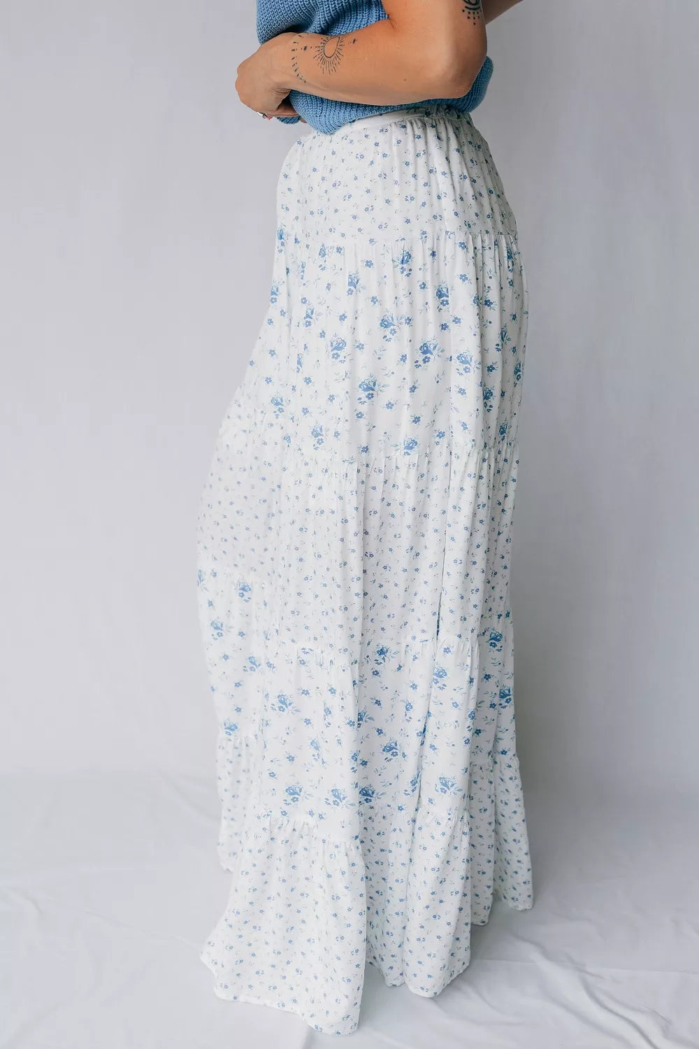 High Waist Tiny Floral Print Boho Maxi Skirt