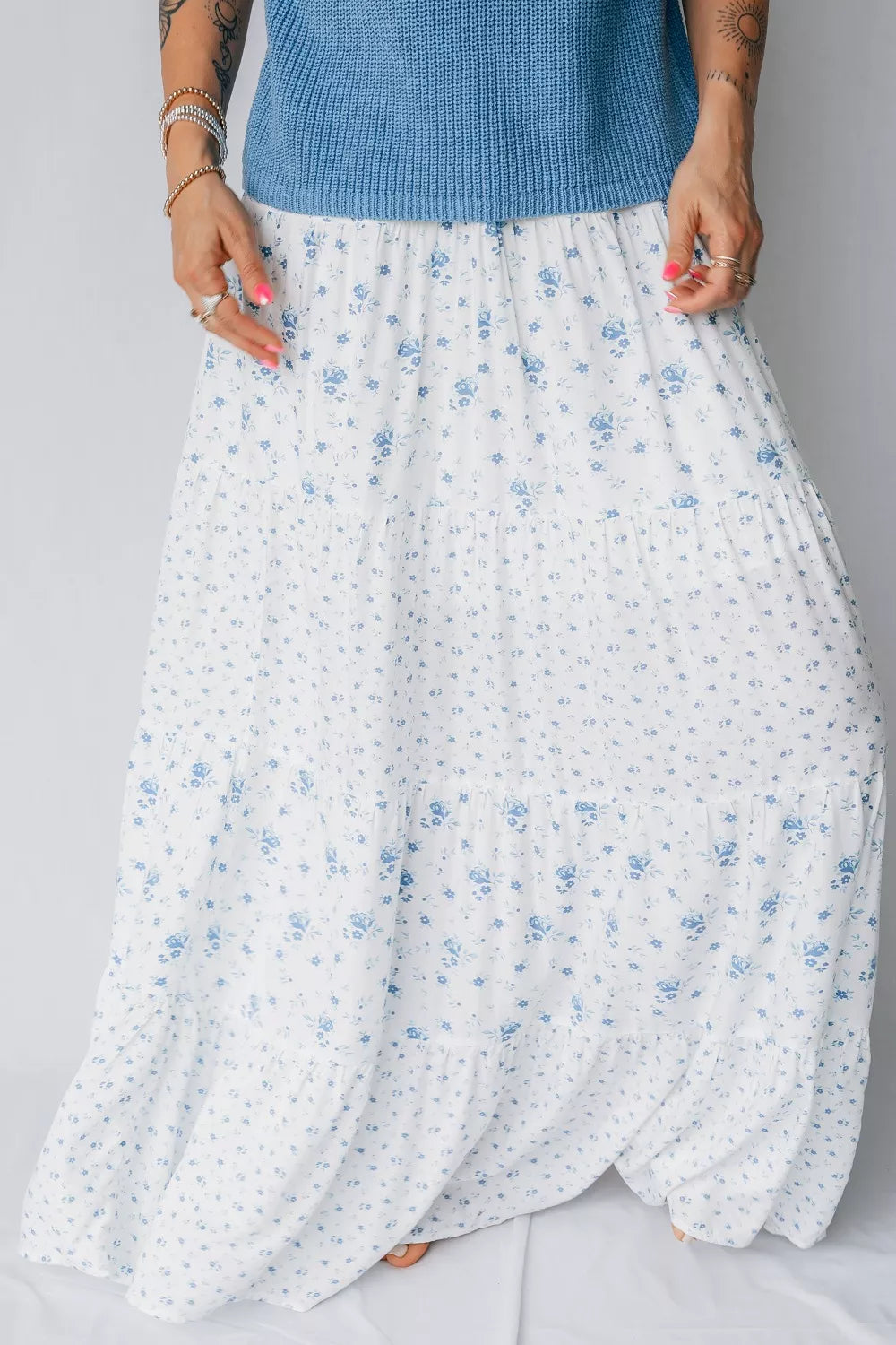 High Waist Tiny Floral Print Boho Maxi Skirt