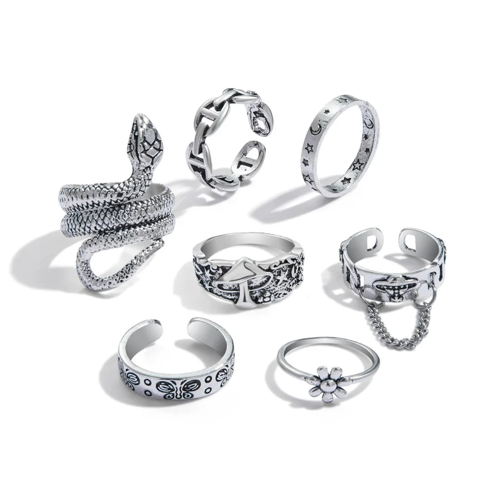 Gothic Witchy Ring Sets — Skulls, Snakes, Moons & More