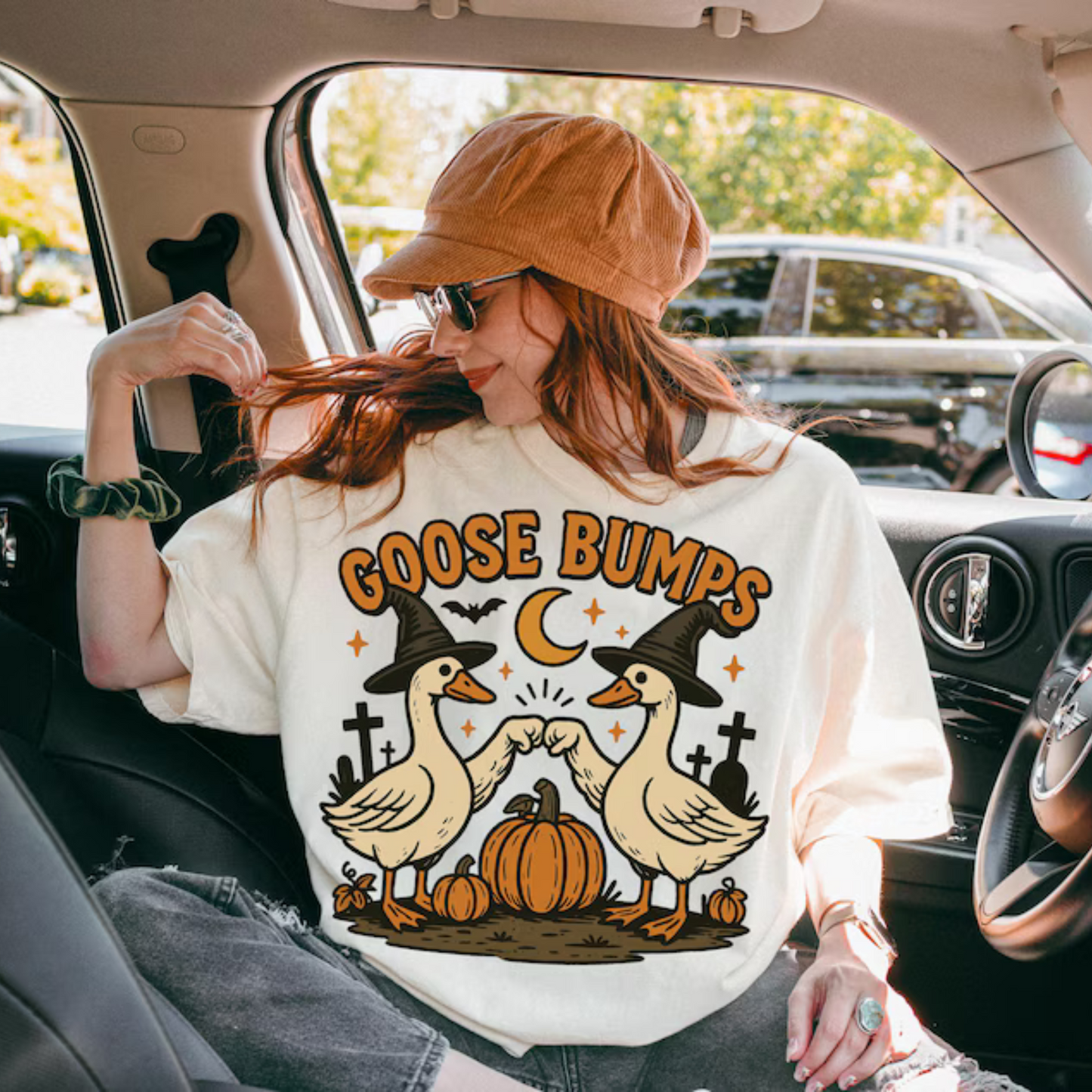 "Goose Bumps" Halloween T-Shirt – Witch Goose Clipart, Cute Halloween Design, Fall Pumpkin Goose Tee