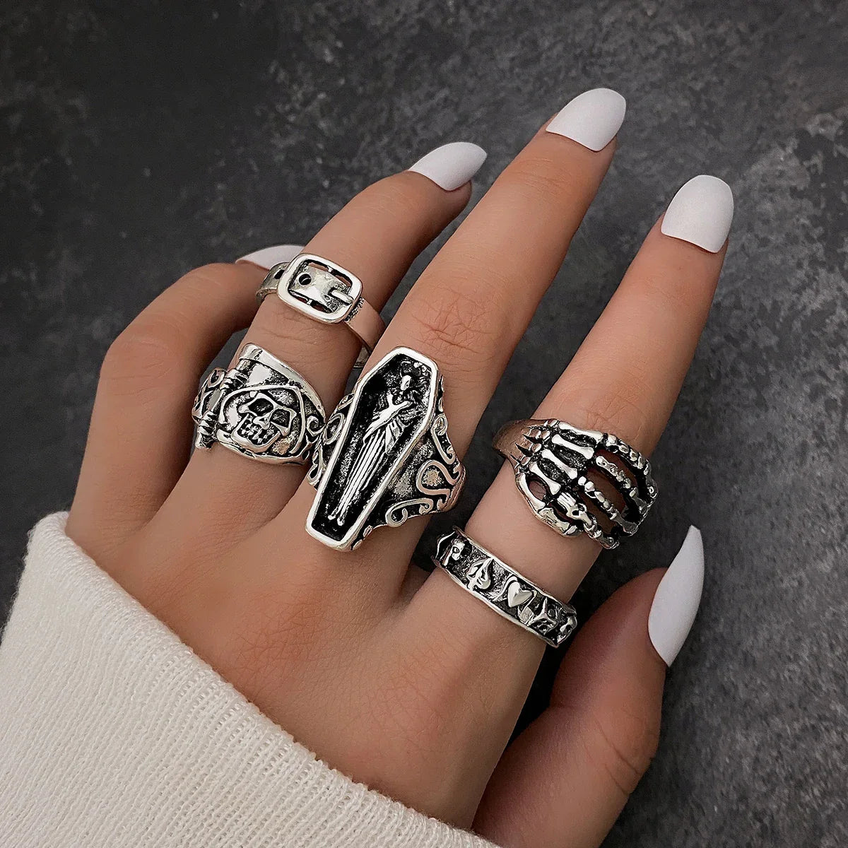 Gothic Witchy Ring Sets — Skulls, Snakes, Moons & More