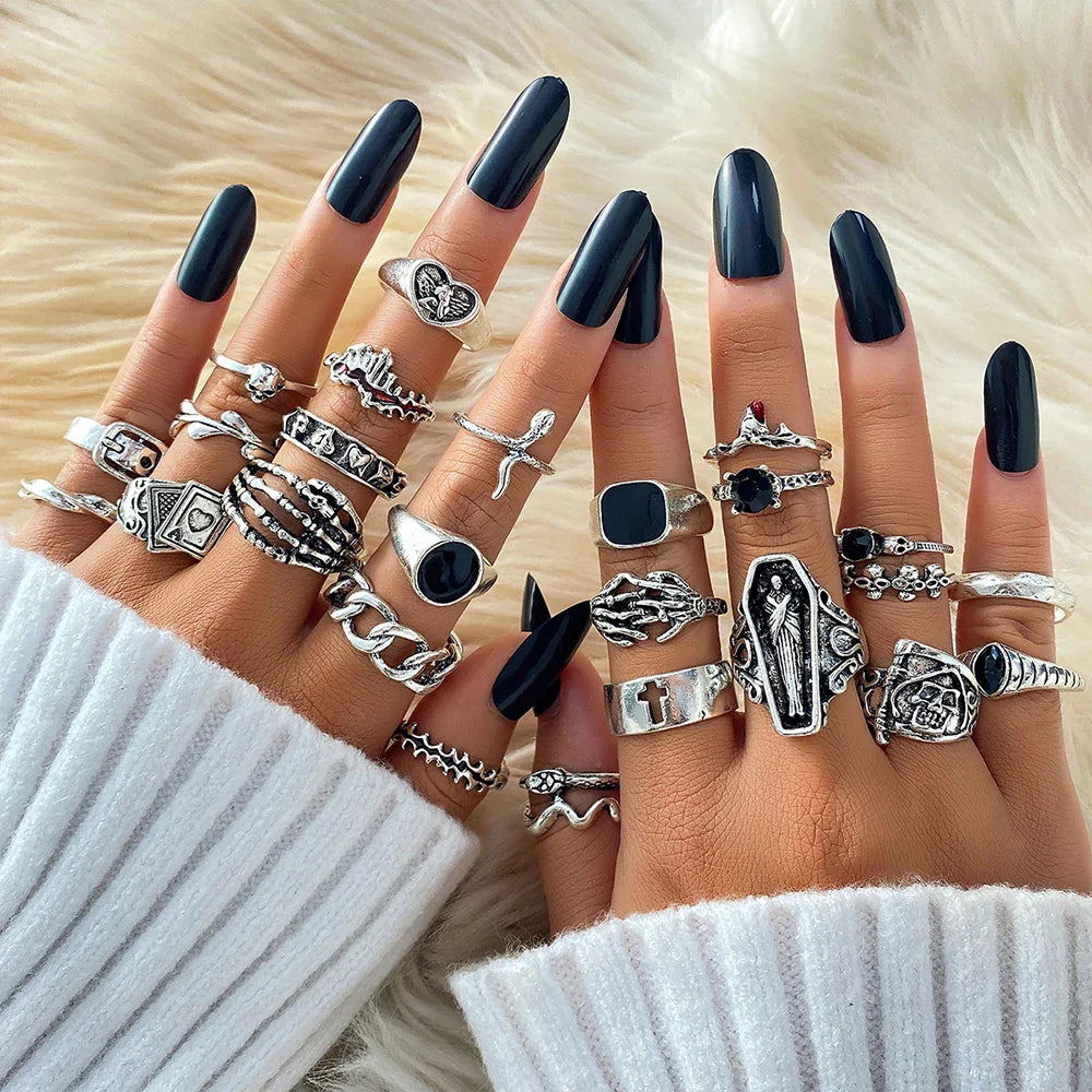 Gothic Witchy Ring Sets — Skulls, Snakes, Moons & More
