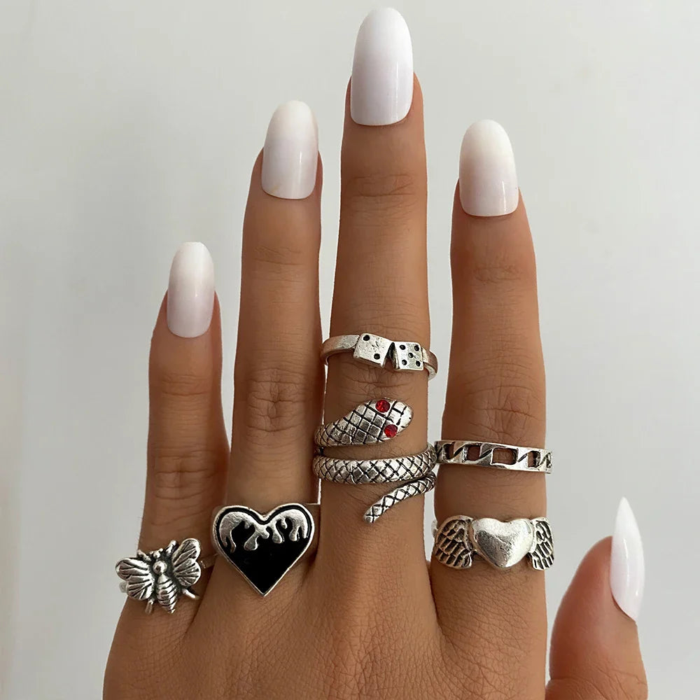 Gothic Witchy Ring Sets — Skulls, Snakes, Moons & More