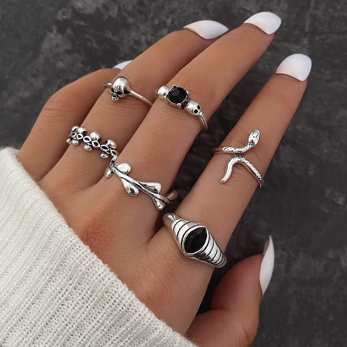 Gothic Witchy Ring Sets — Skulls, Snakes, Moons & More