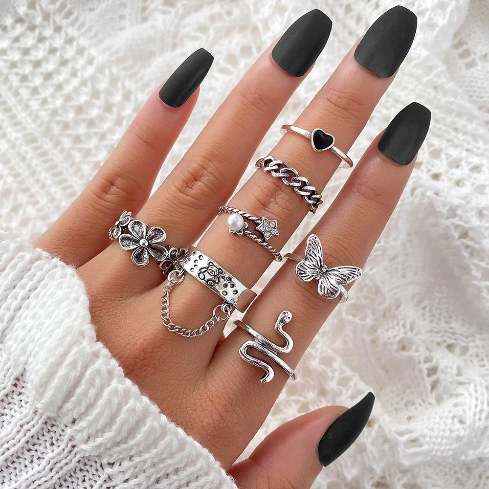 Gothic Witchy Ring Sets — Skulls, Snakes, Moons & More