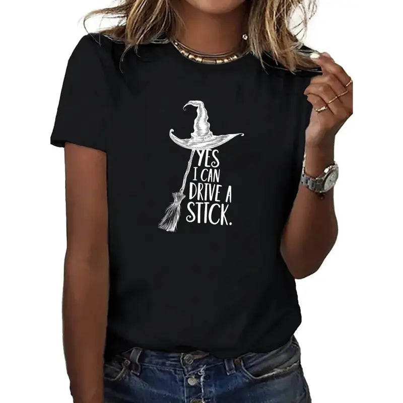 "Yes I Can Drive a Stick" Witch T-Shirt - Funny Halloween Graphic Tee