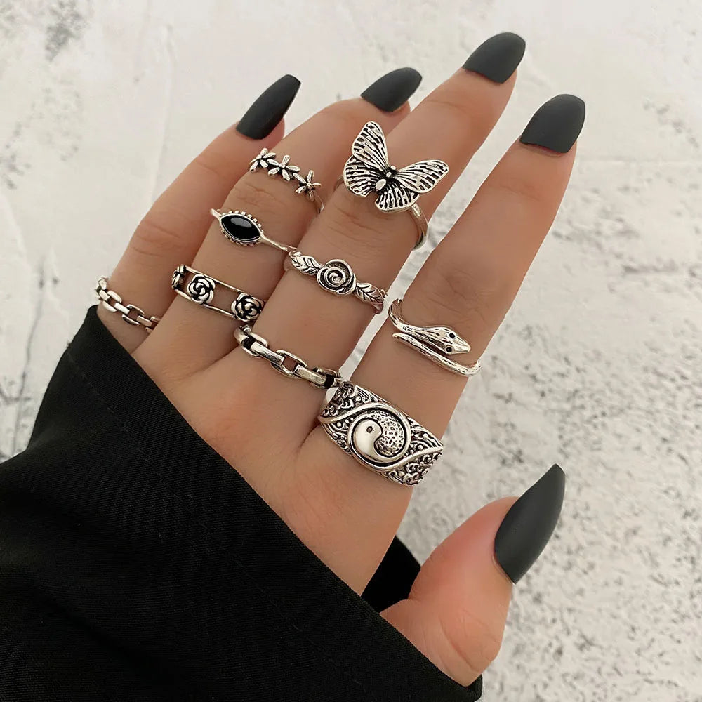 Gothic Witchy Ring Sets — Skulls, Snakes, Moons & More