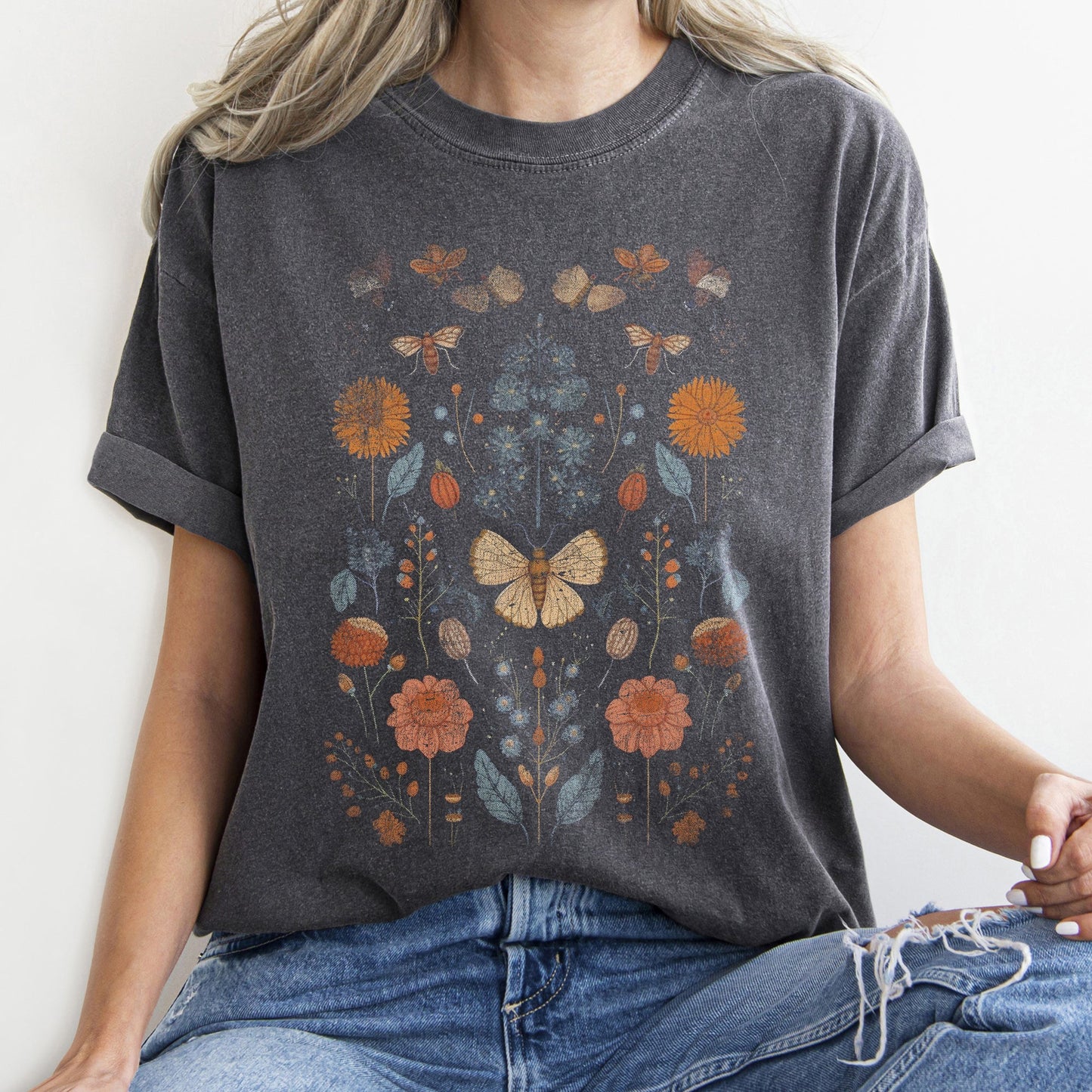 Bohemian Garden Moth Ethereal Floral Motif Boho Night Garden Style Comfort Colors Tee