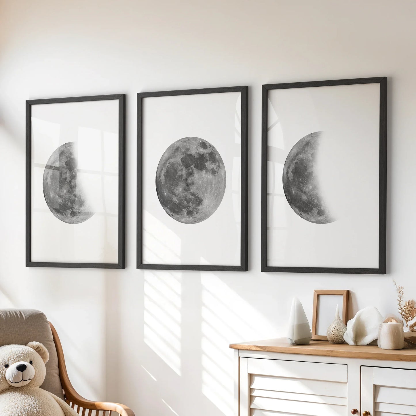 Moon Phases Set of 3 Prints. Black and White Lunar Cycle