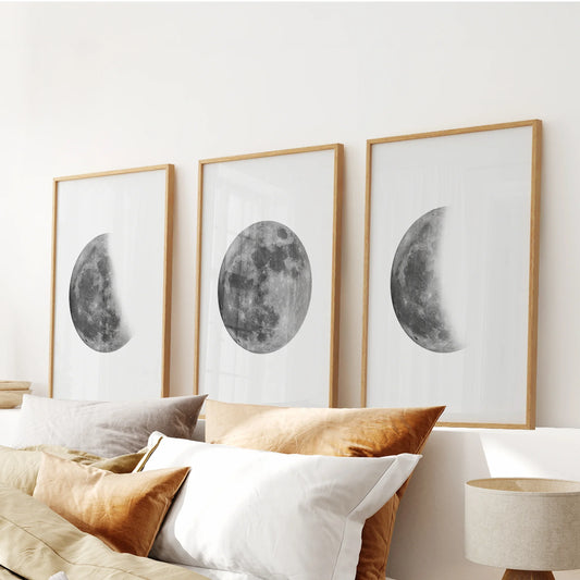 Moon Phases Set of 3 Prints. Black and White Lunar Cycle