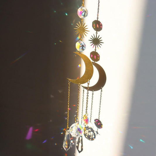 Crystal Wind Chime Star Moon Sun Pendant Indoor Window For Window in Garden Starry Sky Decor Catchers with Crystals  Dream Sun Catchers Plated Colorful Beads Hanging Drop for Outdoor Garden Moon Prism
