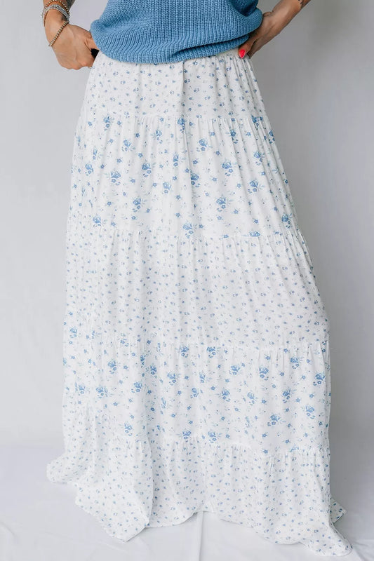 High Waist Tiny Floral Print Boho Maxi Skirt