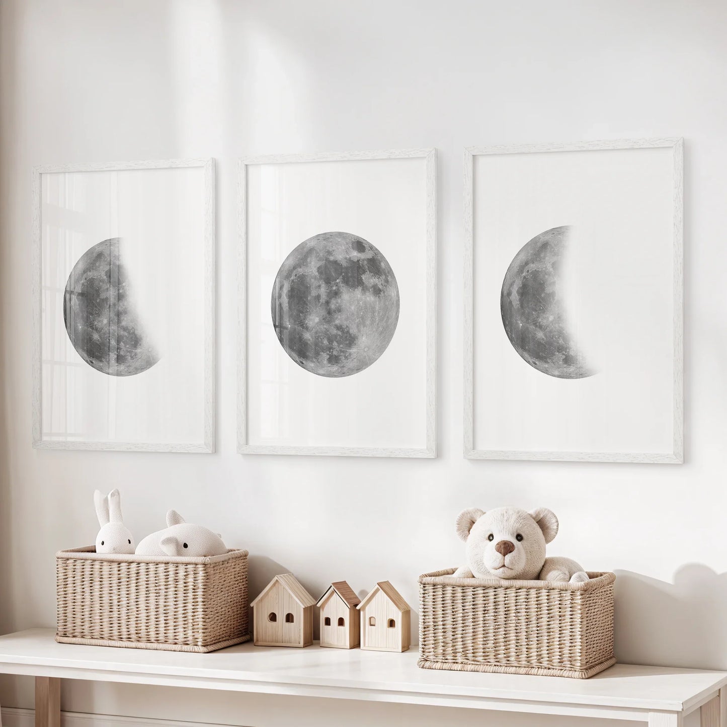 Moon Phases Set of 3 Prints. Black and White Lunar Cycle