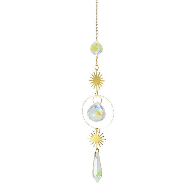 Metallic Hoop Moon Sun Catcher Hanging Crystal Pendant Chandelier Lamps Light Crystals Glass Pendants Light Rainbow Maker Wind Chime Hanging Drop Gift of Good Luck Garden Decor Hanging Ornament For Home Decoration