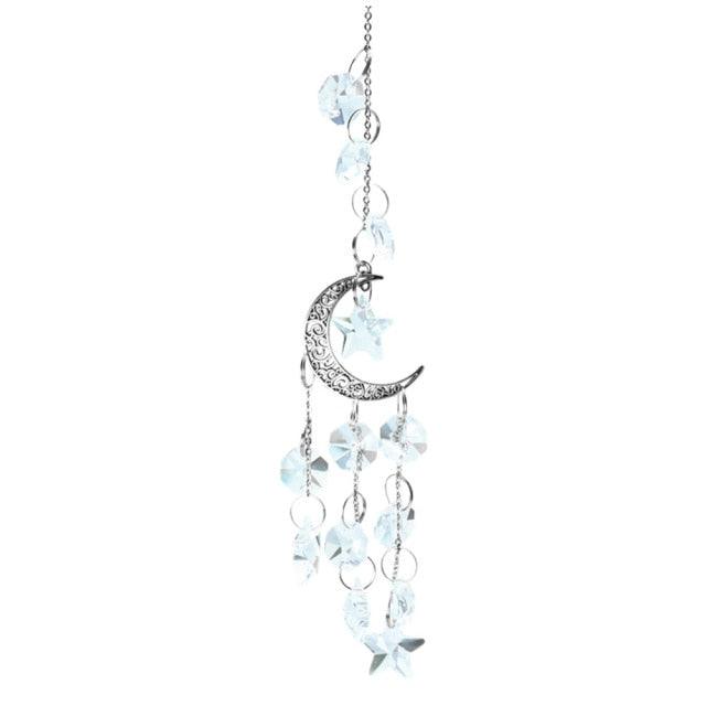 Metallic Hoop Moon Sun Catcher Hanging Crystal Pendant Chandelier Lamps Light Crystals Glass Pendants Light Rainbow Maker Wind Chime Hanging Drop Gift of Good Luck Garden Decor Hanging Ornament For Home Decoration