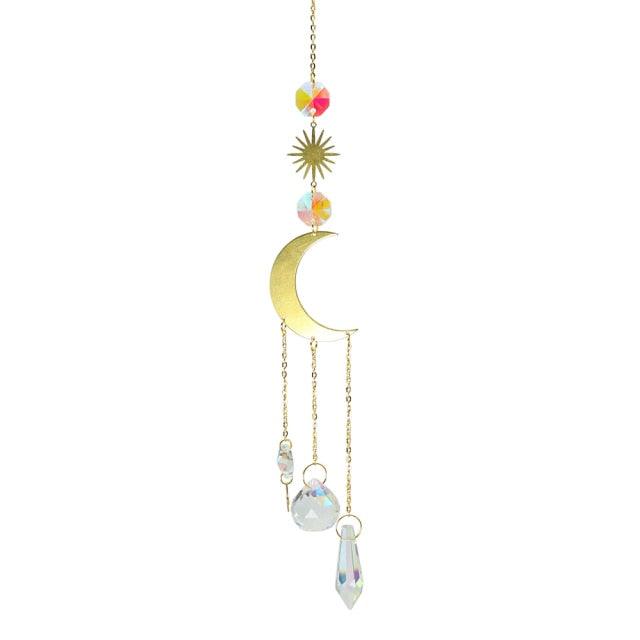 Metallic Hoop Moon Sun Catcher Hanging Crystal Pendant Chandelier Lamps Light Crystals Glass Pendants Light Rainbow Maker Wind Chime Hanging Drop Gift of Good Luck Garden Decor Hanging Ornament For Home Decoration