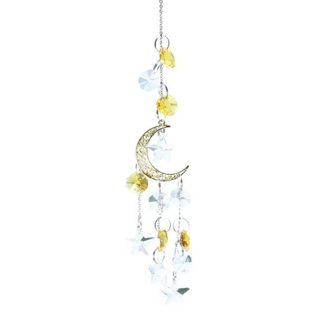 Metallic Hoop Moon Sun Catcher Hanging Crystal Pendant Chandelier Lamps Light Crystals Glass Pendants Light Rainbow Maker Wind Chime Hanging Drop Gift of Good Luck Garden Decor Hanging Ornament For Home Decoration