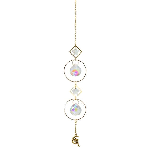 Metallic Hoop Moon Sun Catcher Hanging Crystal Pendant Chandelier Lamps Light Crystals Glass Pendants Light Rainbow Maker Wind Chime Hanging Drop Gift of Good Luck Garden Decor Hanging Ornament For Home Decoration