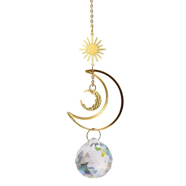 Metallic Hoop Moon Sun Wind Chimes K9 Crystal Prisms Hanging Sun-catcher Rainbow Chaser Window Curtains Pendant Home Decor Gifts For Wall Hanging Decor Room Home Photography Prop