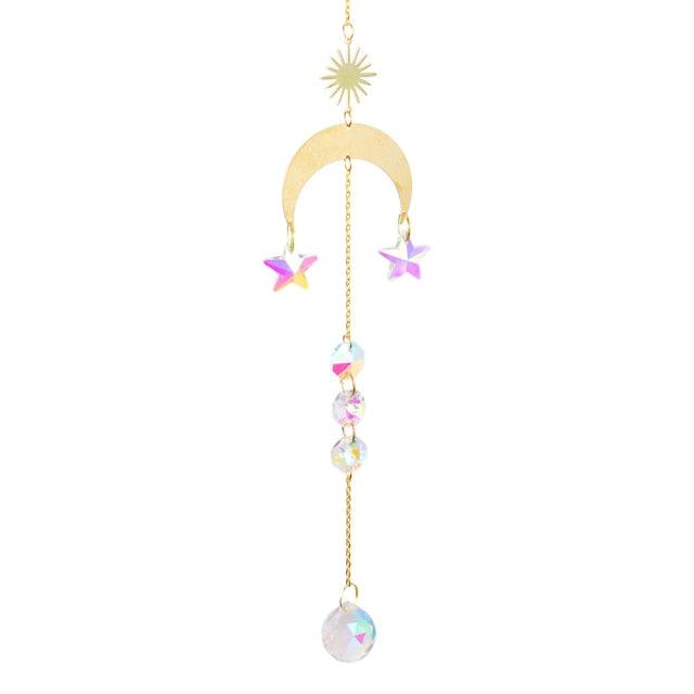 Metallic Hoop Moon Sun Wind Chimes K9 Crystal Prisms Hanging Sun-catcher Rainbow Chaser Window Curtains Pendant Home Decor Gifts For Wall Hanging Decor Room Home Photography Prop