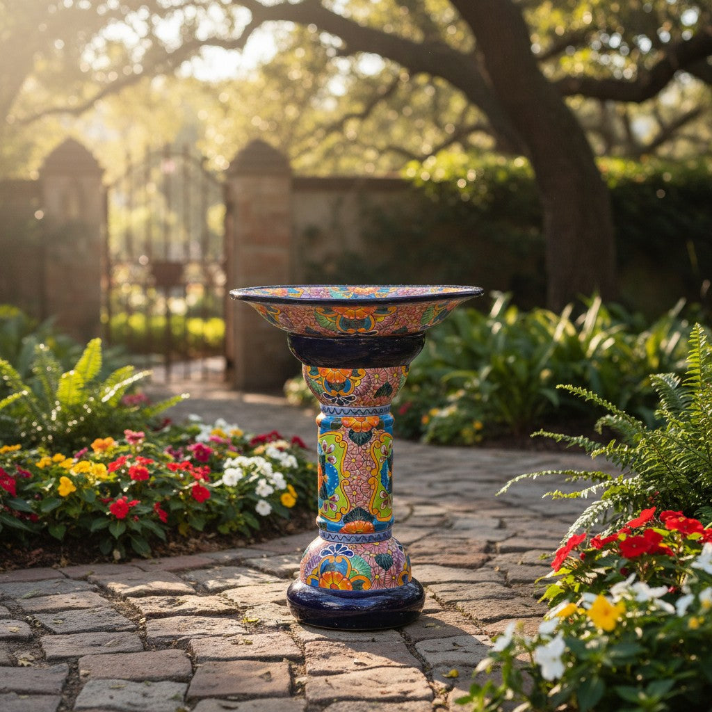 Talavera Bird Bath | Blue Rim Mexican Garden Decor