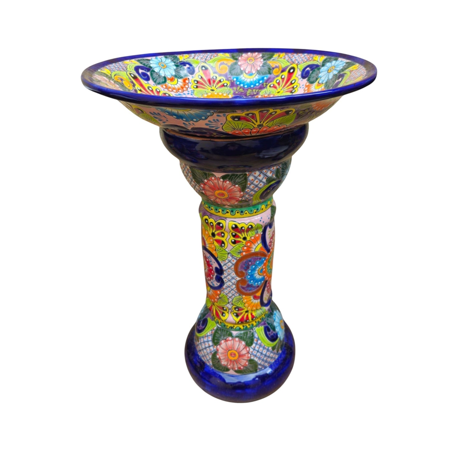 Talavera Bird Bath | Blue Rim Mexican Garden Decor
