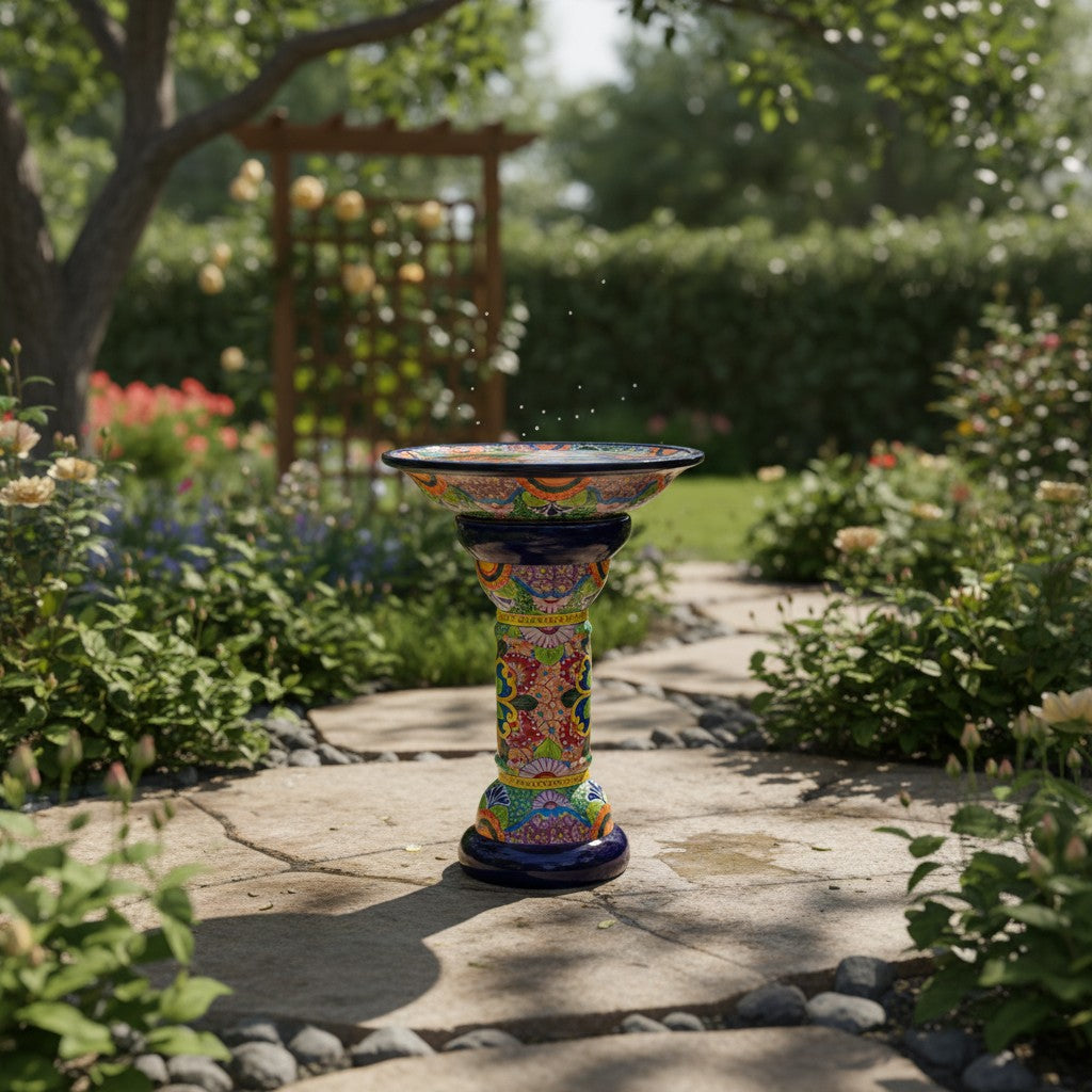 Talavera Bird Bath | Blue Rim Mexican Garden Decor