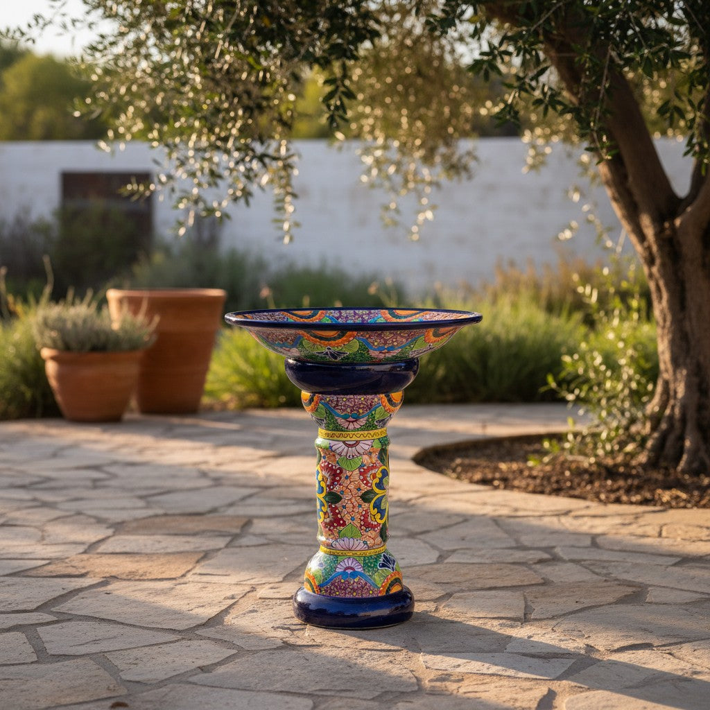 Talavera Bird Bath | Blue Rim Mexican Garden Decor
