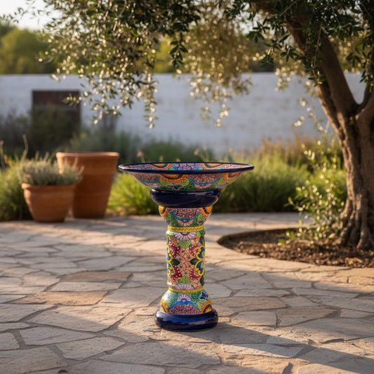 Talavera Bird Bath | Blue Rim Mexican Garden Decor