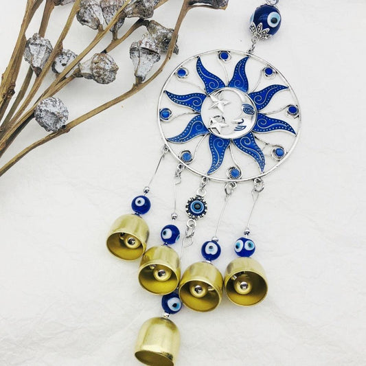 Turkish Lucky Sun Moon & Star Ornament With Hanging Evil Eye & Bell Sign Of Protection Blue Eyes Home Accessories Decoration Wind Chimes Bells Glazed Wall Pendants Decorative Items & Accessories  Car Ornaments For Rear View Mirror
